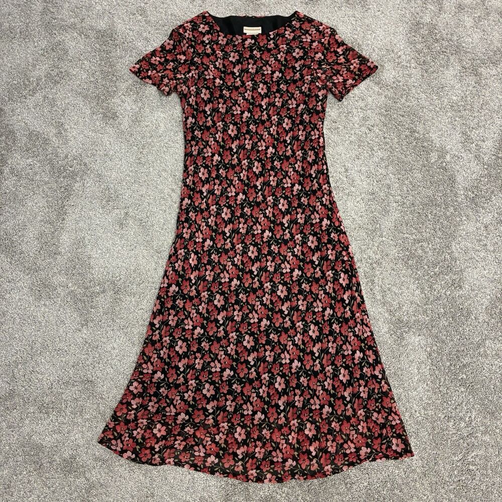 Vintage Expressions Floral Midi Dress Size 14 Pink & Black Print Retro 90’s Y2K